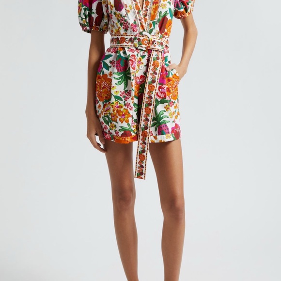 FARM Rio Flowerfull Puff Sleeve Cotton Belted Romper - Picture 2 of 2